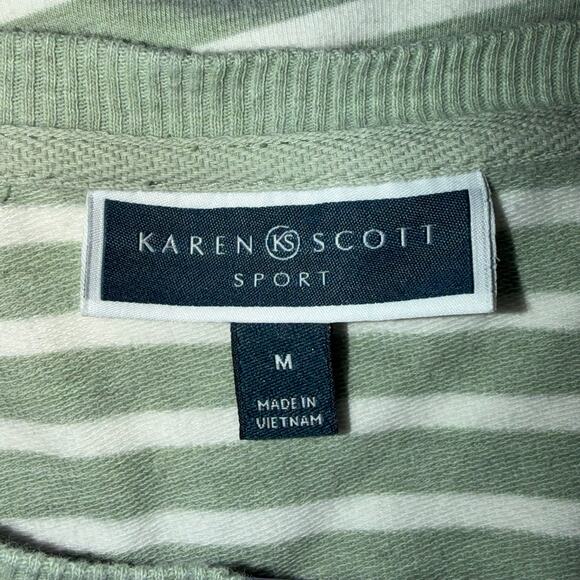 Karen Scott Sport Sage Green & Cream Striped 3/4 Sleeve Top Women’s Medium - Picture 6 of 7